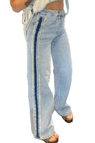 Beau Blue Contrast Stripe Frayed Side Patchwork Jeans Jeans 11c283b42577ee65