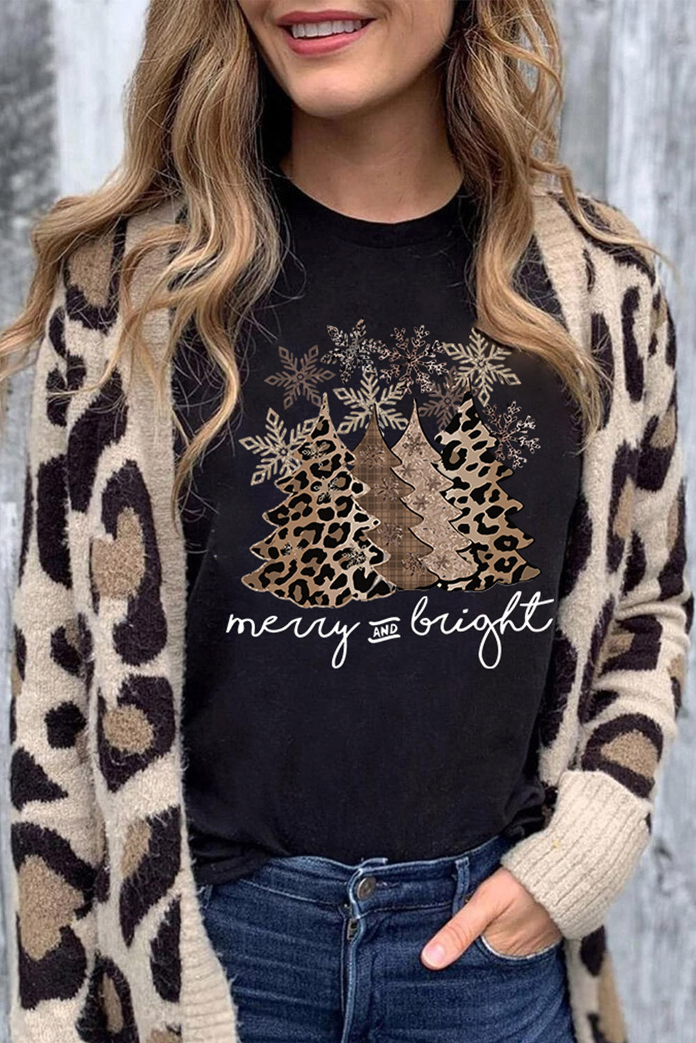 White Leopard Christmas Tree Casual Crew Neck Graphic Tee Graphic Tees 11c73753d5254c51