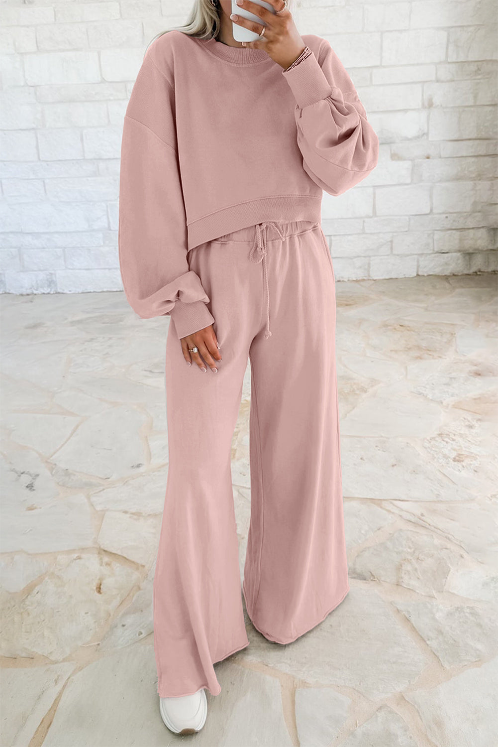 Light Pink Drop Shoulder Crop Pullover Drawstring Wide Leg Pants Set Two Piece Pants Sets 11fc3e5daaaed7e6