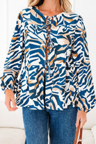 Blue Zebra Print Tied Front Puff Sleeve Top Blouses 11fee71cf16851f1