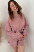 Fushia Textured Knit Drop Shoulder Pullover Drawstring Shorts Set Two Piece Shorts Sets 1201a292e3324f60