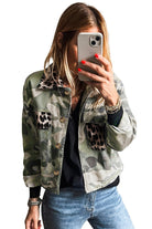 Green Camouflage Leopard Patchwork Flap Pocket Collared Jacket Jackets 1208c2fc046db9f2