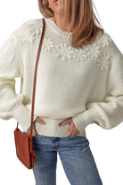 White Flower Detail Round Neck Contrast Textured Puff Sleeve Sweater Sweaters 1237614604f78535