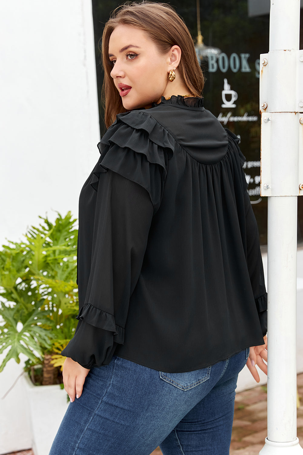 Black Ruffle Balloon Sleeve Chiffon Elegant Plus Size Shirt Plus Size Blouses & Shirts 125d09edd86b784d