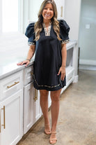 Black Leopard Trim Notched Neck Short Puff Sleeve Mini Dress Short Dresses 1268805789820c91
