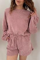 Fushia Textured Knit Drop Shoulder Pullover Drawstring Shorts Set Two Piece Shorts Sets 129428c2dceb8f3e