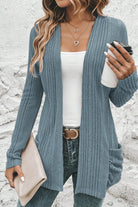 Stone Blue Ribbed Open Front Knitted Top with Pockets Cardigans 129ae48d840c1776