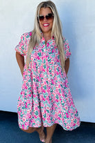 Pink Plus Size Floral Half Button Puff Sleeve A Line Dress Plus Size Dresses 12aabc19c1896ead