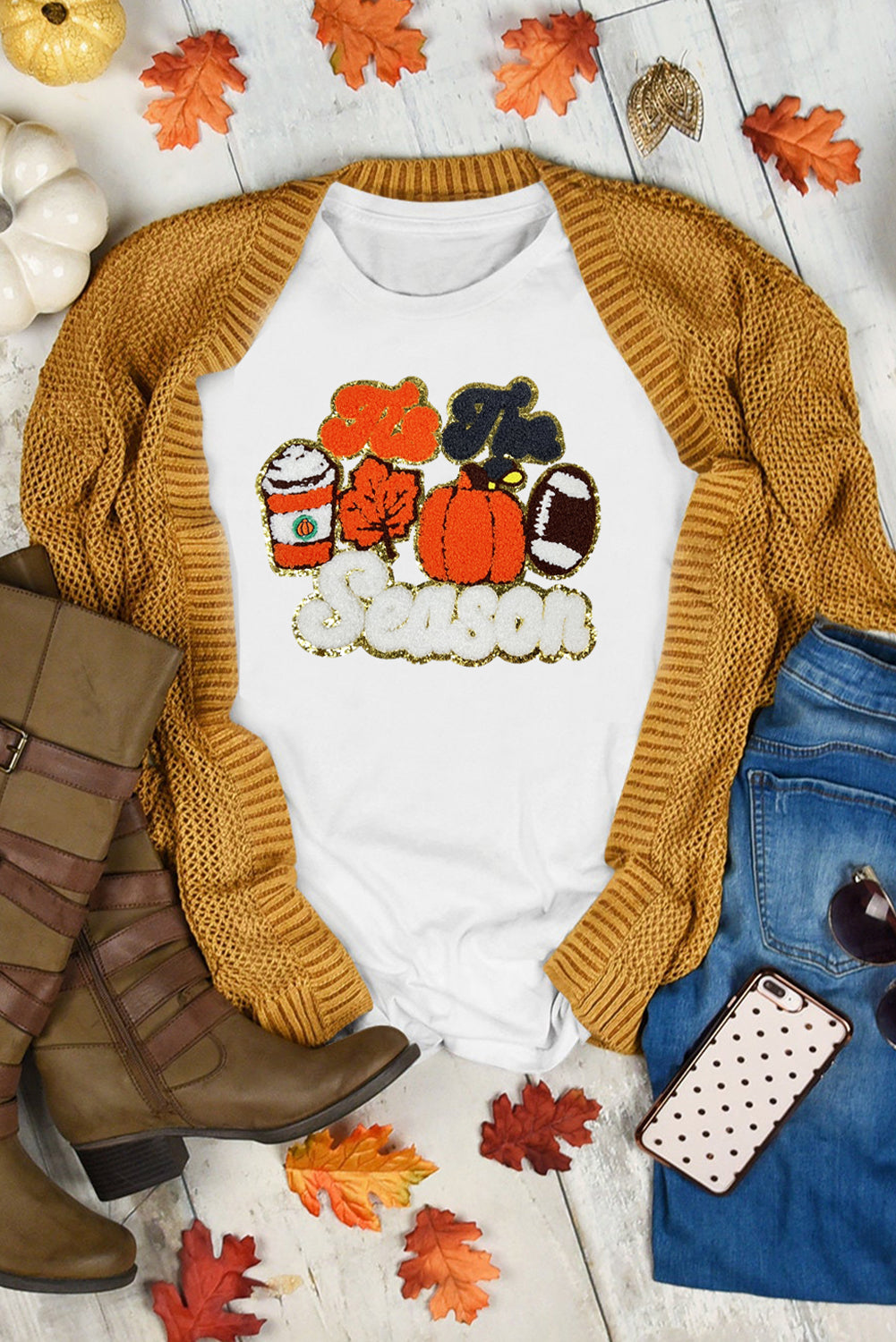 White Iis The Season Pumpkin Spice Terry Flocking Graphic Crewneck T Shirt Graphic Tees 12bfcb0c4c74871b