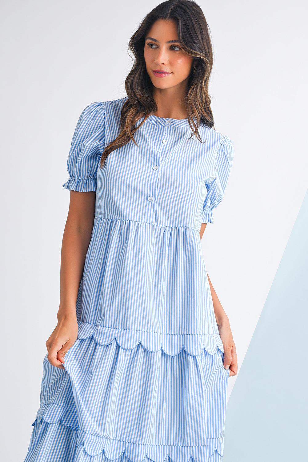 Sky Blue Stripe Bubble Sleeve Scallop Tiered Dress Maxi Dresses 12c43d14d56ba821
