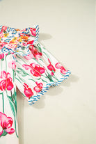 Pink Plus Size Floral Print Striped Trim V Neck Blouse Plus Size Tops 13047f7b39351695