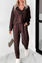 Chicory Coffee Button Drawstring Cropped Hoodie Sweatpants Set Two Piece Pants Sets 1306833f296937d9