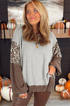 Gray Leopard Patchwork Dolman Sleeve High Low Baggy Sweatshirt Sweatshirts & Hoodies 13113b79049b0e44