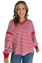 Red Striped Balloon Sleeve V Neck Blouse Long Sleeve Tops 13161b0a336a37f7