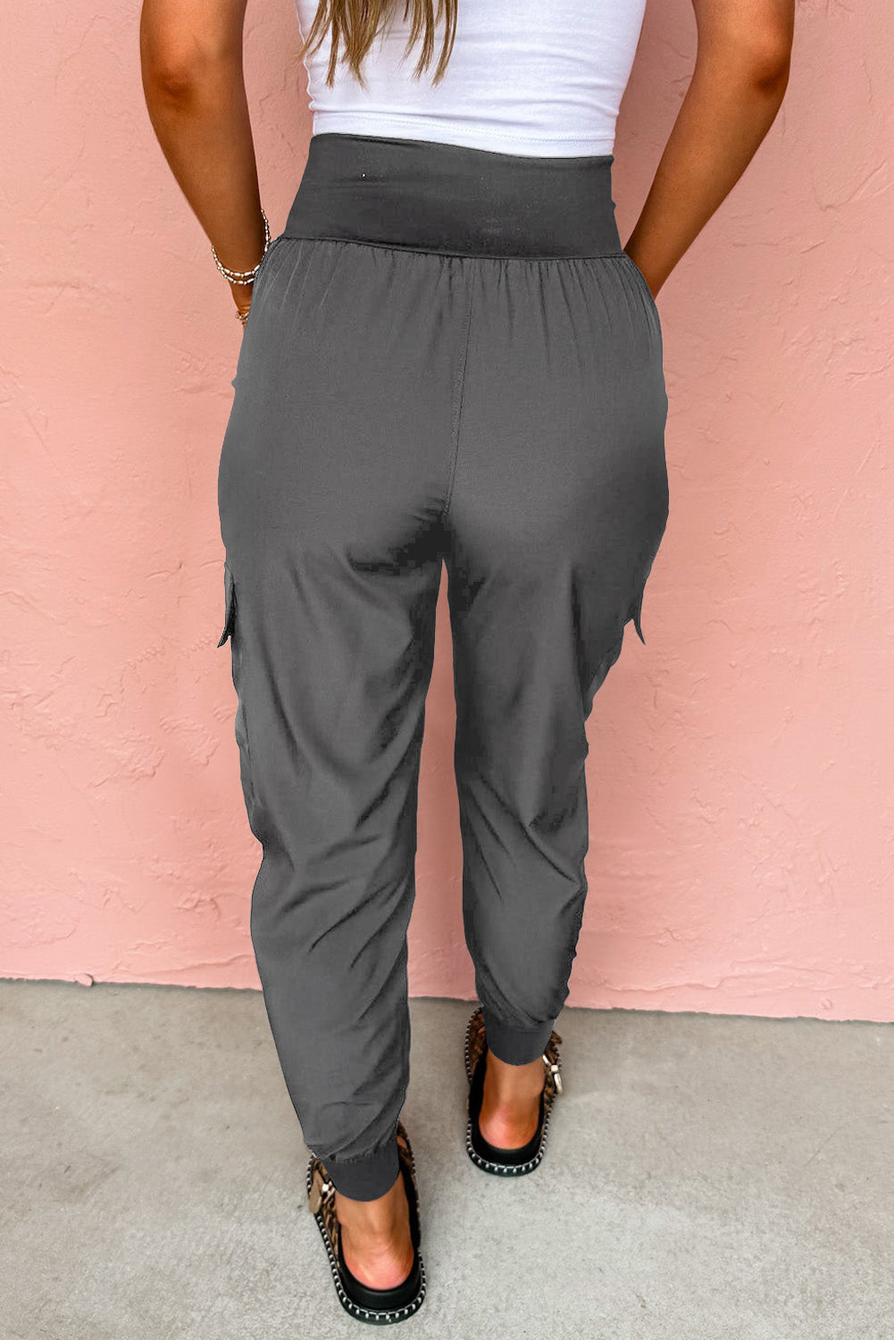 Medium Grey Elastic High Waist Pocketed Cargo Jogger Pants Pants 131a86c0256f6ded