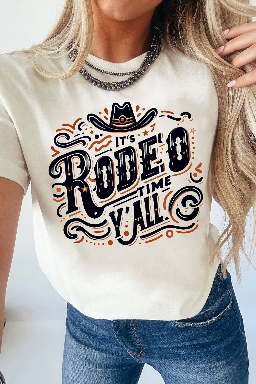 White IT'S RODEO TIME YALL Heat Transfer Printing Graphic T Shirt Graphic Tees 1338d0a59fdbdf81