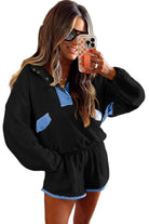 Black Colorblock Patchwork Half Button Pullover and Shorts Outfit Two Piece Shorts Sets 135706ac3ae3aa3c