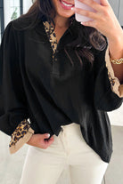Black Leopard Contrast V Neck Long Sleeve Blouse Blouses 136c9550f4e54b13
