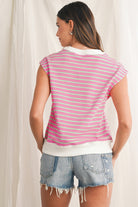 Sachet Pink Striped Contrast Trim Top T Shirts 137a9656481f5522
