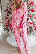 Pink Christmas Tree Print V Neck Buttoned Pullover and Pants Pajama Set Loungewear Set 1390a4f69a5ddf37