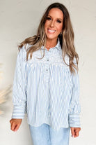 Sky Blue Striped Smocked Long Sleeve Quarter Button Shirt Blouses 13a6281f6ddc6b28