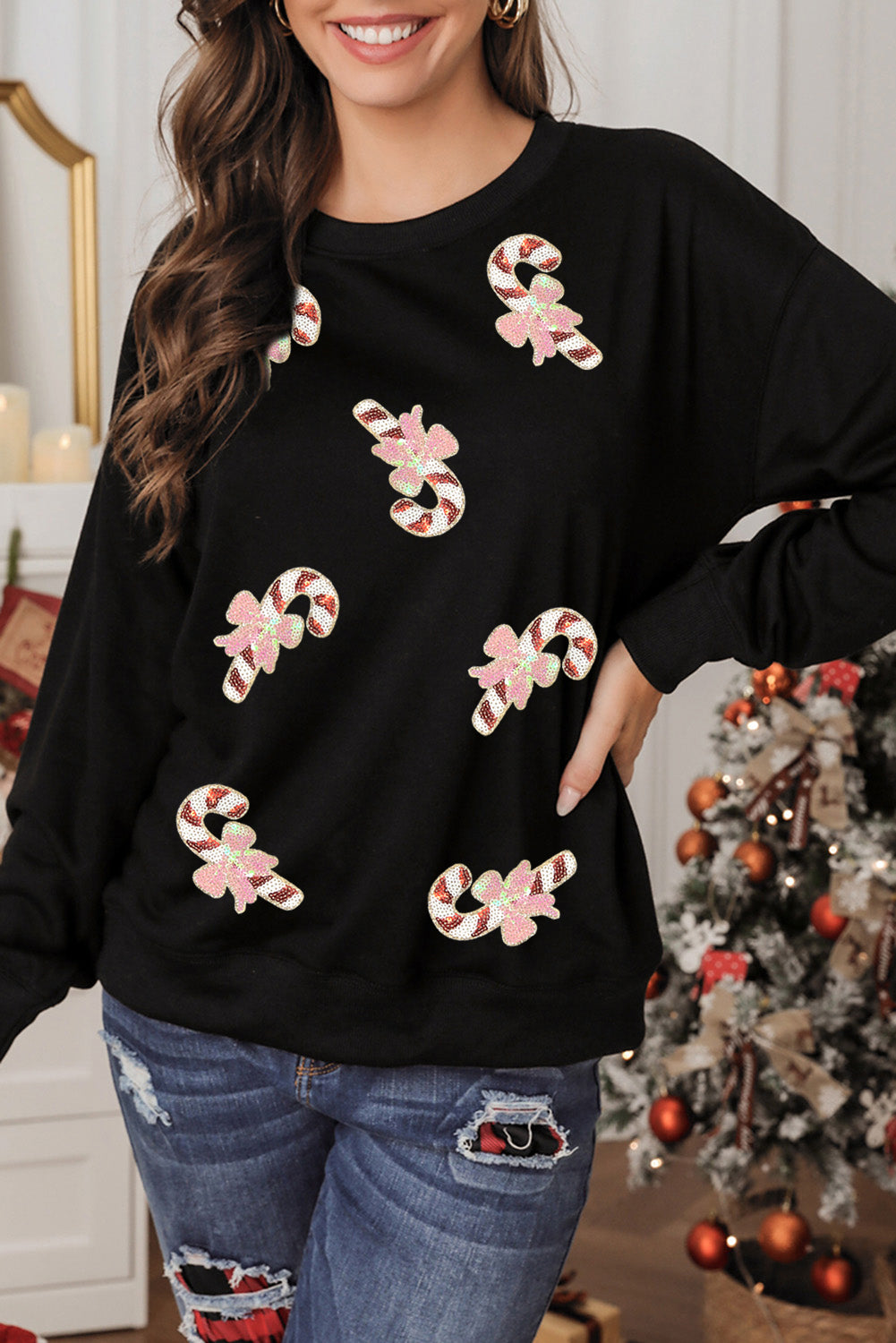 Black Christmas Candy Cane Sequins Patch Baggy Sweatshirt Graphic Sweatshirts 13cbcf7fbb1c8257