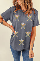 Gray Baseball Bat Sequins Patch Graphic Game Day Casual Tee Graphic Tees 1431fd635e85c4ee