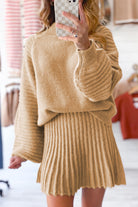 Smoke Gray Lantern Sleeve Sweater Pleated Knitted Mini Skirt Set Two Piece Skirt Sets 143816fb939f9861