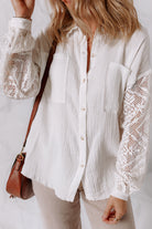 White Cotton Gauze Lace Patchwork Long Sleeve Shirt Blouses 143aab29e58eb0e7