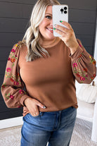 Brown Floral Puff Sleeve Round Neck Plus Size Blouse Plus Size Tops 1441deb82e4a96e9
