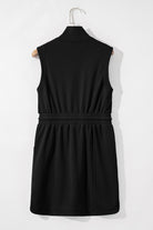 Black Terry Zipped Collar Sleeveless Drawstring Waist Mini Dress Short Dresses 1442c07e03204dfd