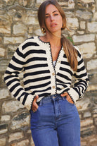 Black Striped Chic Button Round Neck Knit Cardigan Cardigans 1465aec60d98d2e7