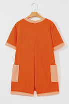 Russet Orange Two Tone Short Sleeve V Neck Patched Pocket Loose Romper Rompers 1484c1c00ebba4bc
