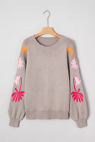 Simply Taupe Embroidered Floral Sleeve Round Neck Loose Sweater Sweaters 149e07b8d984dc4f