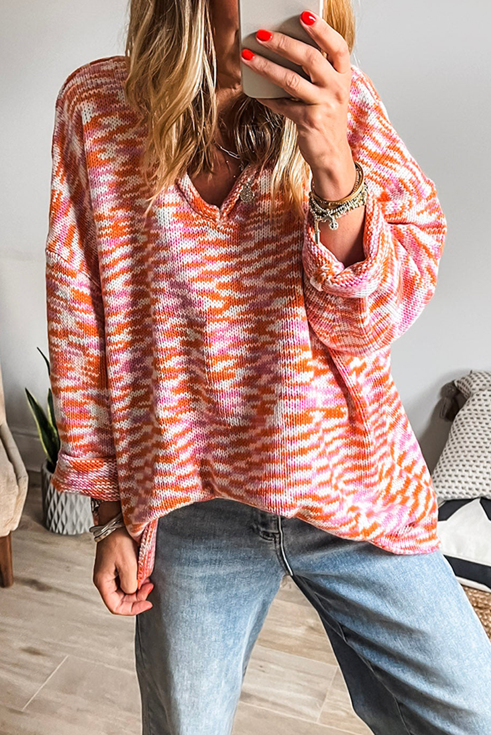 Orange Vibrant Abstract Print Drop Shoulder V Neck Oversized Sweater Sweaters 14a8b2aa2bcd65eb
