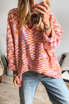 Orange Vibrant Abstract Print Drop Shoulder V Neck Oversized Sweater Sweaters 14a8b2aa2bcd65eb