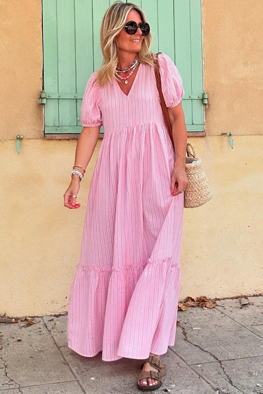 Pink Striped V Neck Puff Sleeve Frill Tiered Maxi Dress Maxi Dresses 14b8323a46ba7339