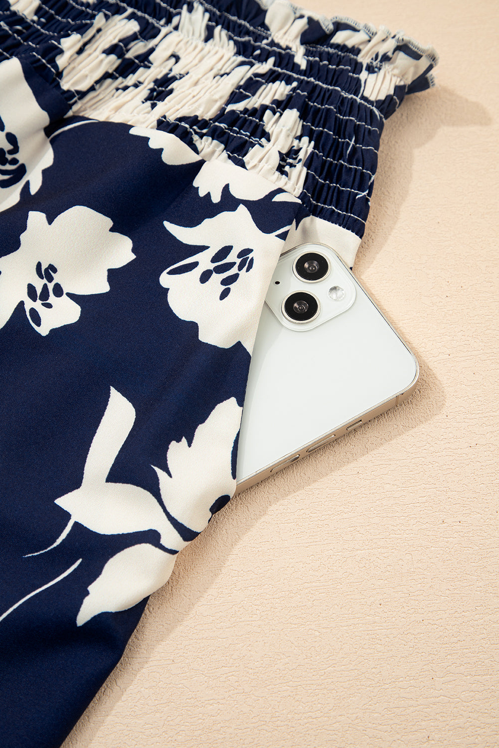 Blue Floral Smocked Frill Waist Wide Leg Pants Pants 14bf93b659f9fa2e