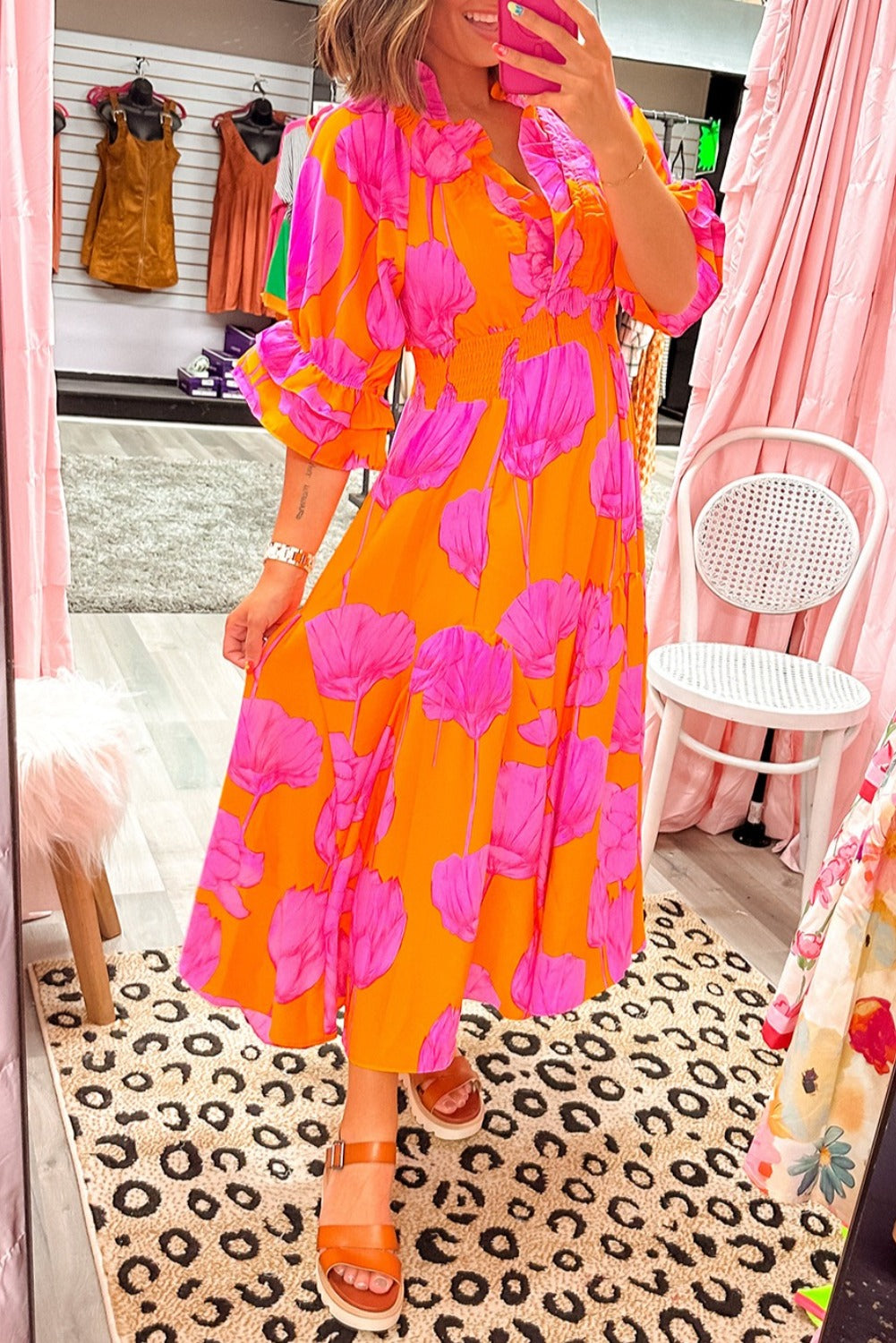 Orange Floral Print Frill Smocked V Neck 3/4 Sleeve Maxi Dress Maxi Dresses 14cc32a28dfdb5e0