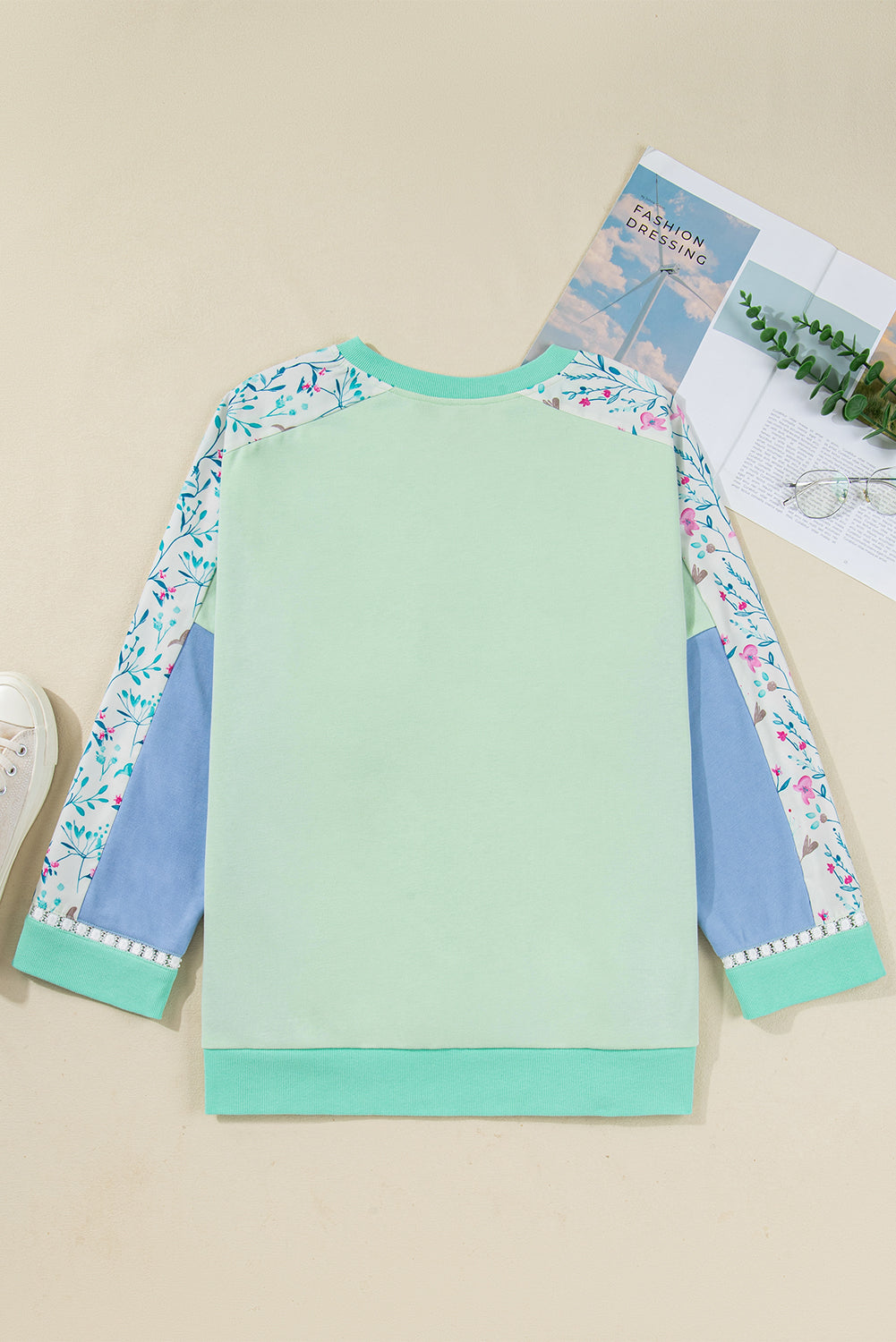 Green Color Block Floral Patchwork Long Sleeve Notched Neck Plus Size Top Plus Size Tops 14f3c7f51683fa7c