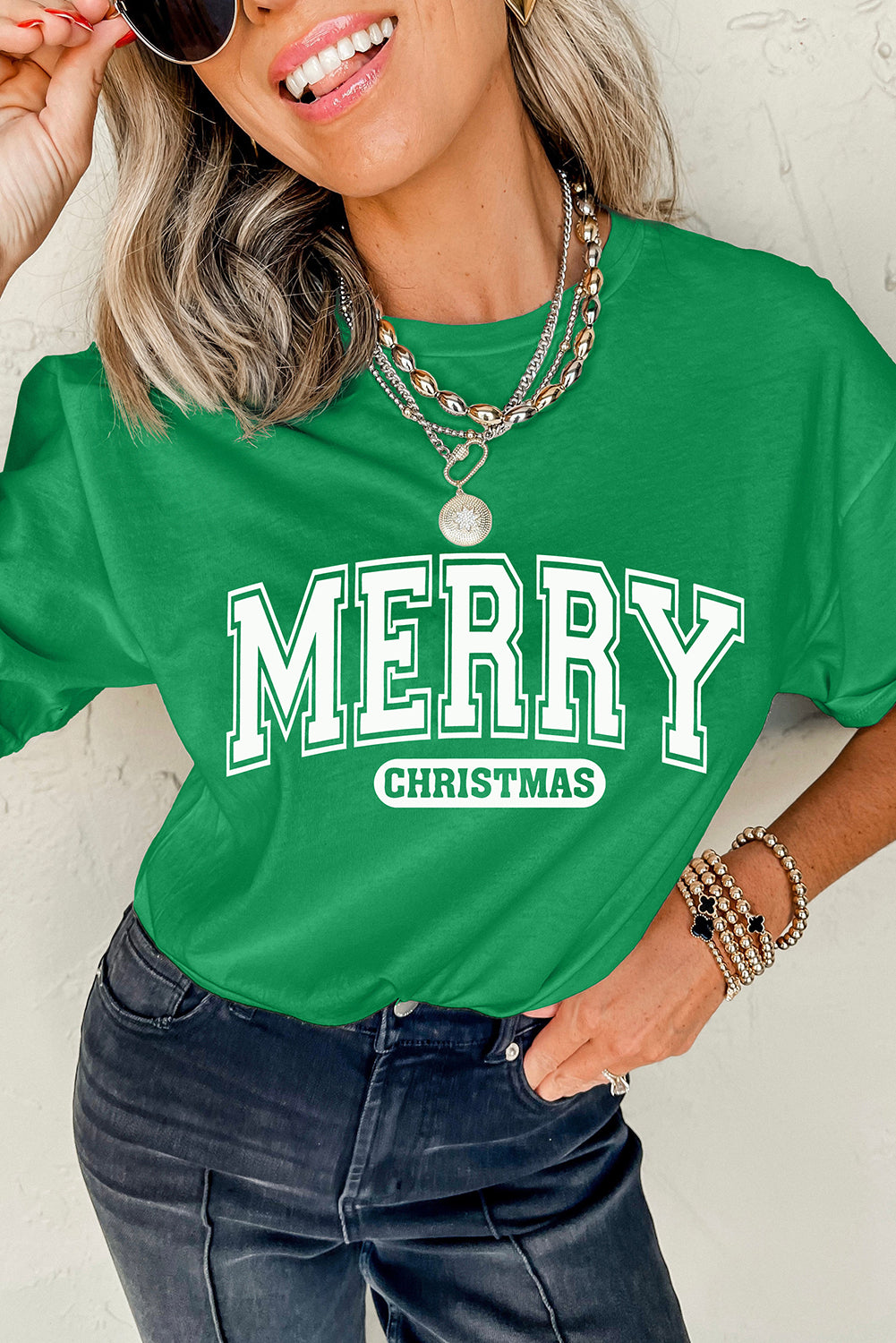 Bright Green MERRY CHRISTMAS Letter Heat Transfer Printing Graphic Tee Graphic Tees 1517056cab9b2336