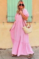 Pink Striped V Neck Puff Sleeve Frill Tiered Maxi Dress Maxi Dresses 152792eda31f3fb3