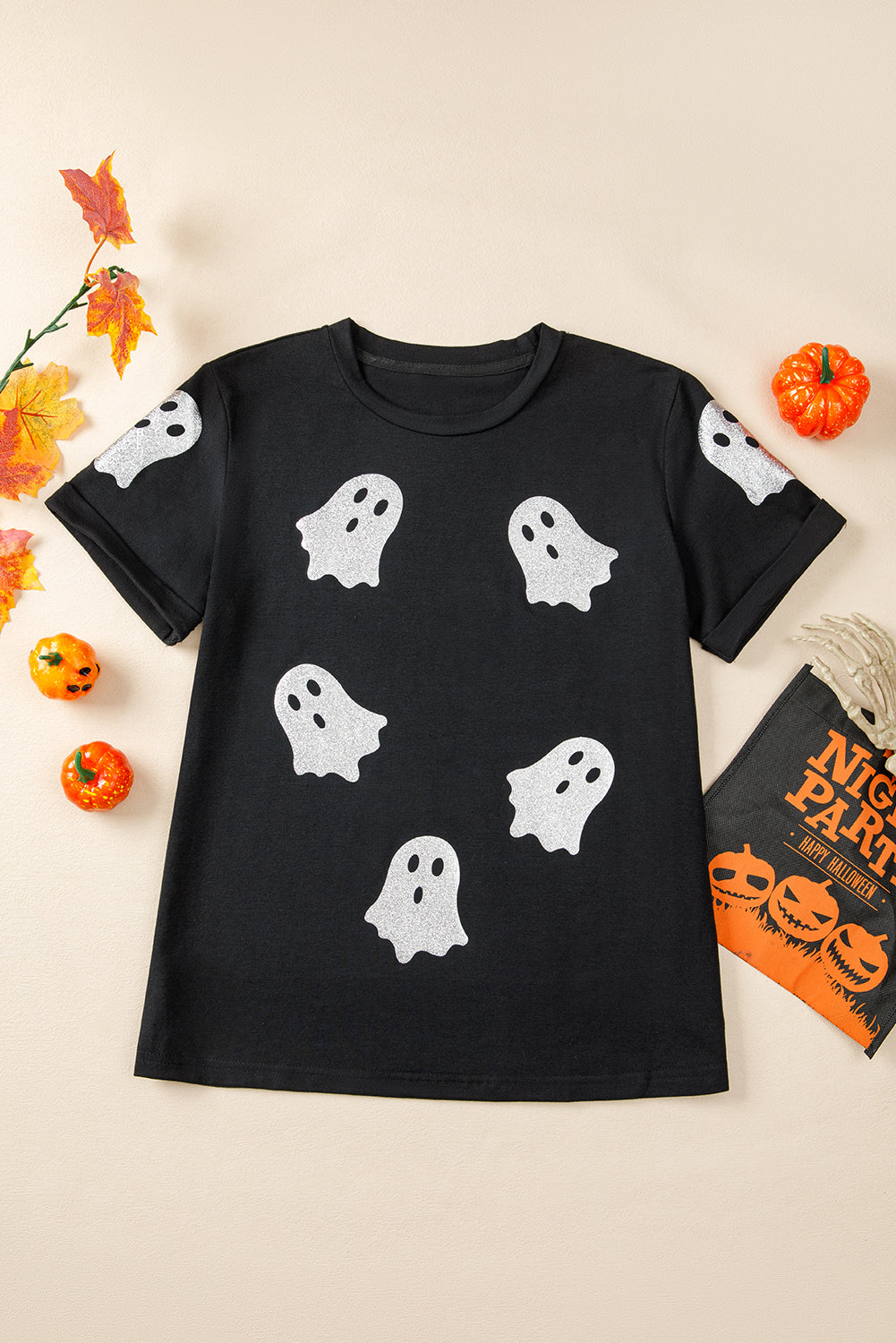 Black Glitter Ghost Pattern Crew Neck Halloween Graphic T Shirt Graphic Tees 155f17726e1cfb93
