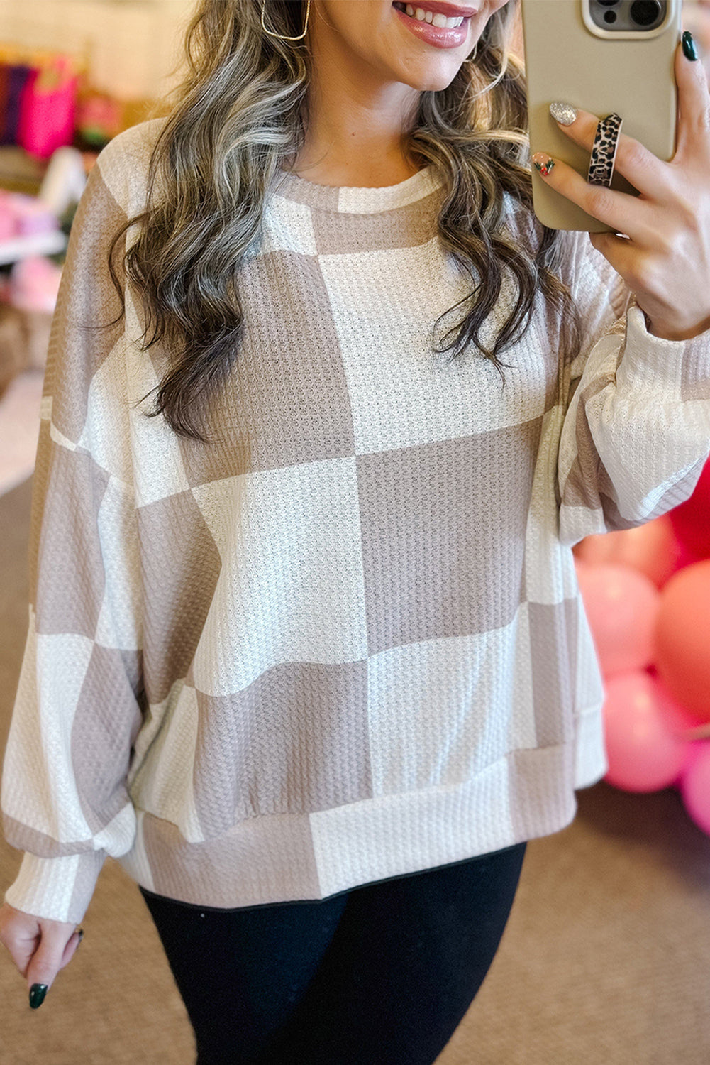 Khaki Breathable Textured Checkered Long Sleeve Top Long Sleeve Tops 156362ed1dea05ef