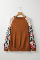 Laurel Green Floral Patchwork Raglan Sleeve Ribbed Blouse Long Sleeve Tops 1568fcbd9ffabd3a