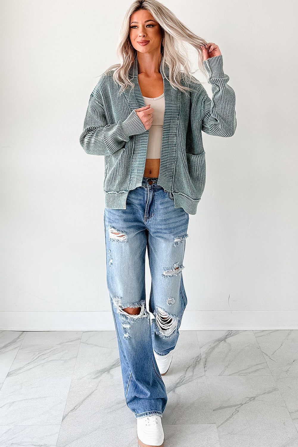 Dark Brown Mineral Wash Exposed Seam Patchwork Knit Cardigan Cardigans 1573a249cfd8a5fc