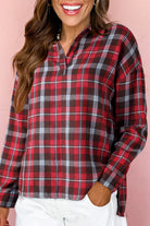 White Plaid Print Collared V Neck Loose Blouse with Side Slits Blouses 157fb104312448bc
