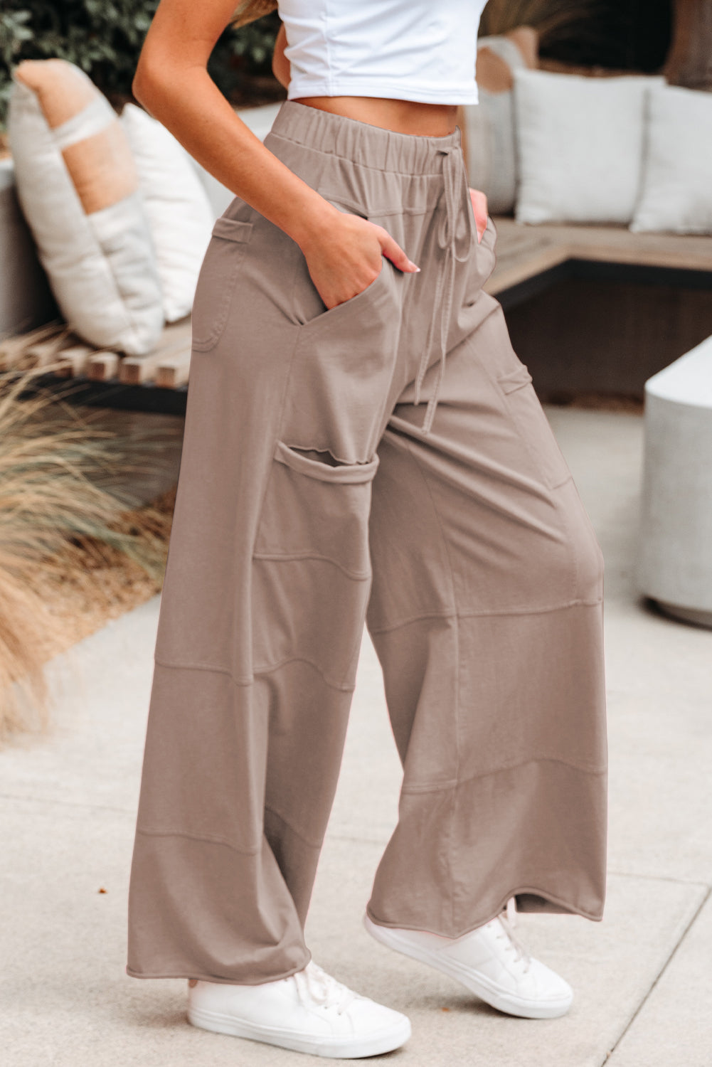 Smoke Gray Mineral Wash Exposed Seam Drawstring Elastic Waistband Wide Leg Cargo Pants Pants & Culotte 15832cd2d6c675dd