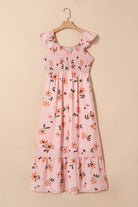 Pink Floral V Neck Smocked High Waist Ruffle Hem Maxi Dress Maxi Dresses 158830aaf1973e8b