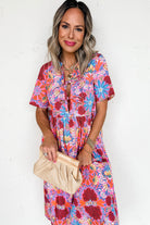 Rose Floral Print Tie Front High Waist Loose Midi Dress Midi Dresses 158da70b7a09a441